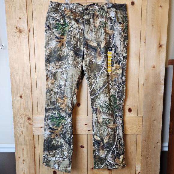 Realtree Woodland Camo Print 5 Pocket Side Elastic Waist Hunting Outdoor Pants - Picture 1 of 15